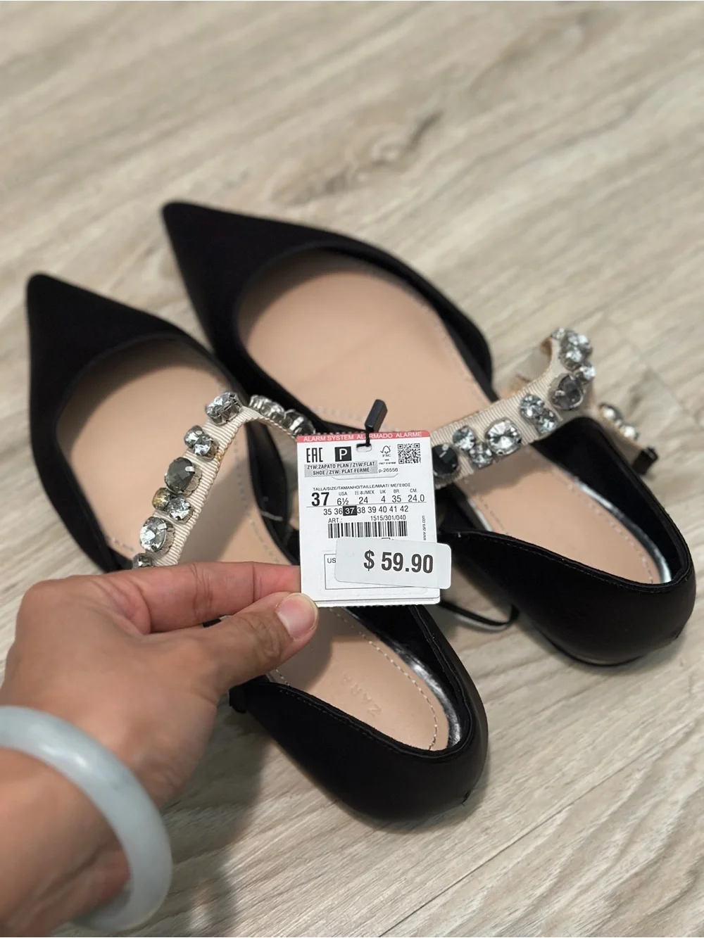 ZARA Black Satin Rhinestone Strap Flats Size 37 NWT
